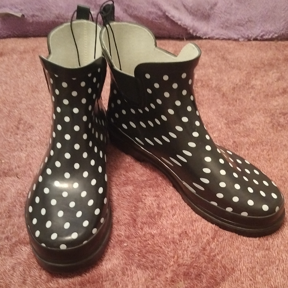 Norty Stylish Black and White Polka Dot Rain Boots-NEW